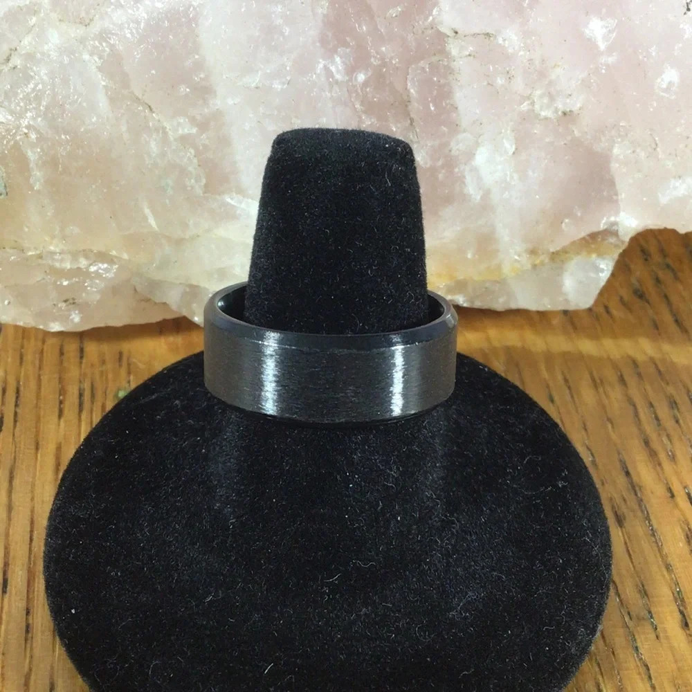 Brushed Stainless Steel Black Band Ring - Size 9